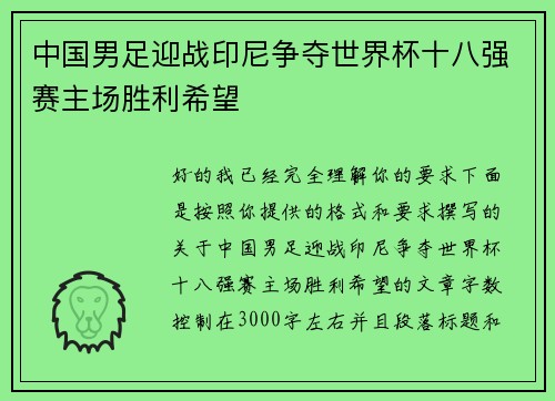 中国男足迎战印尼争夺世界杯十八强赛主场胜利希望 中国男足迎战印尼争夺世界杯十八强赛主场胜利希望
